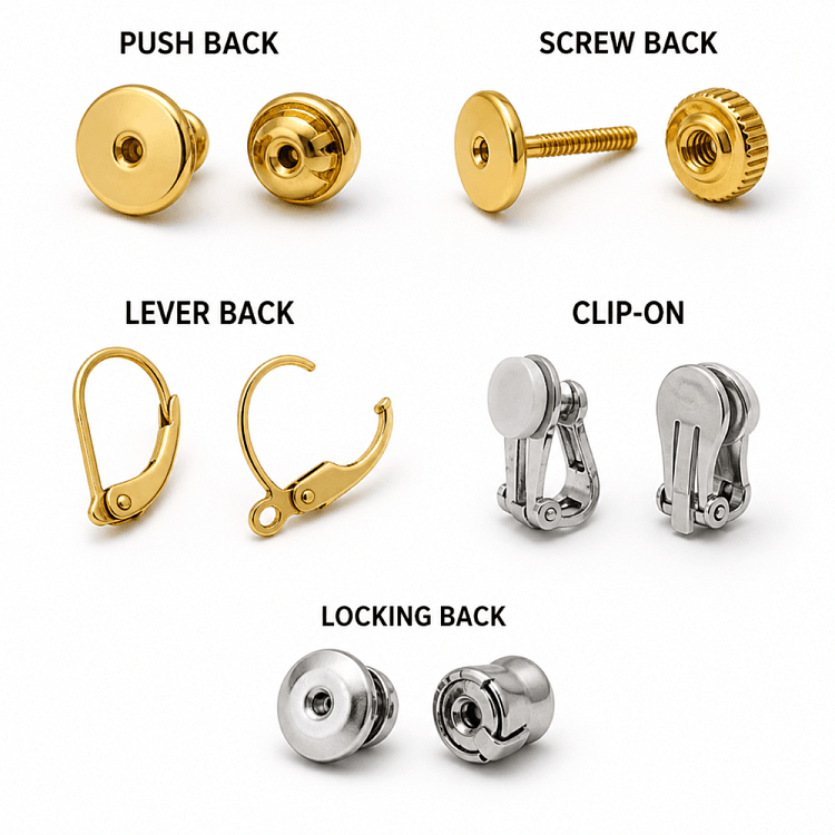Diagram showing five earring back types: push back, screw back, lever back, clip-on and locking back.
