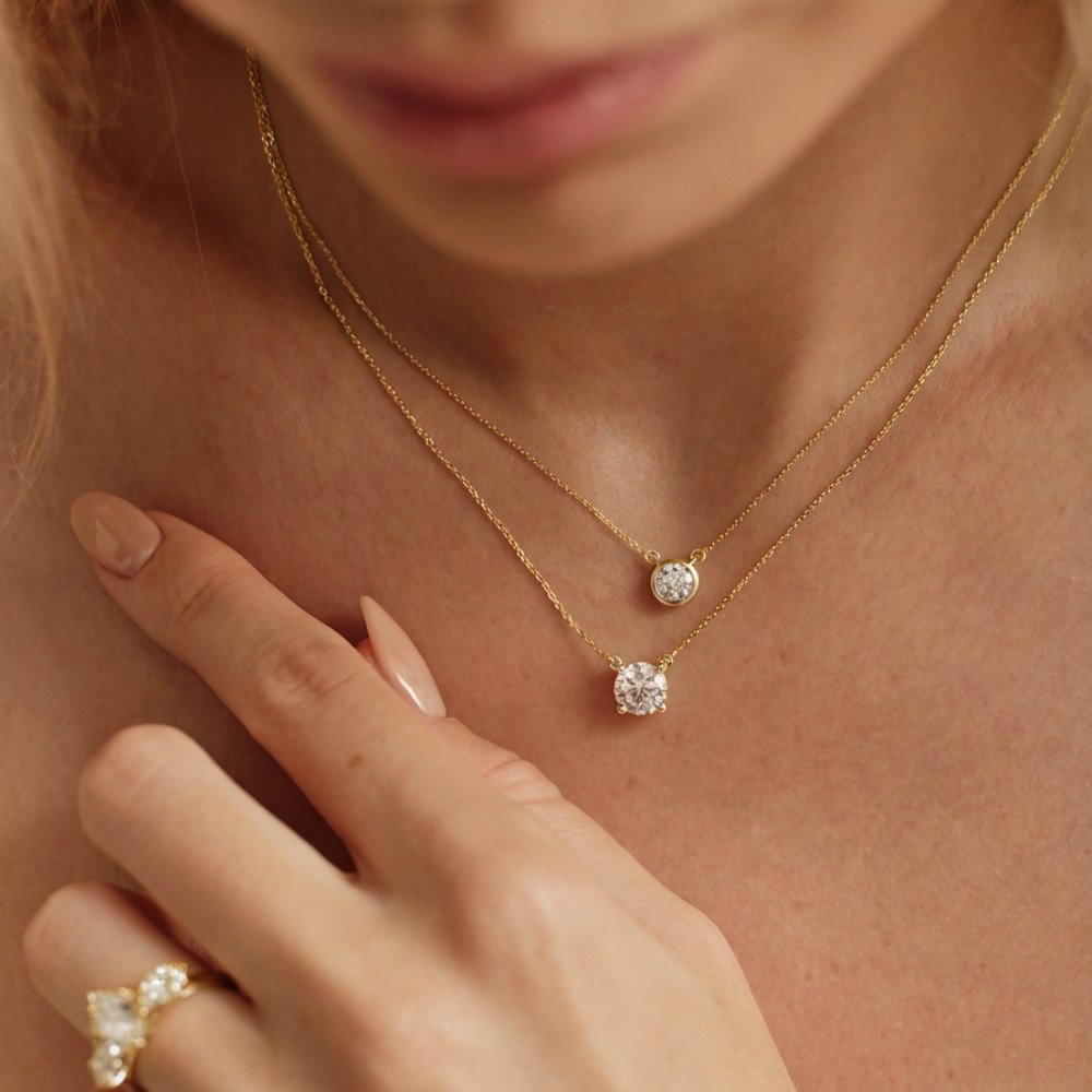 An image of gold layered necklaces.
