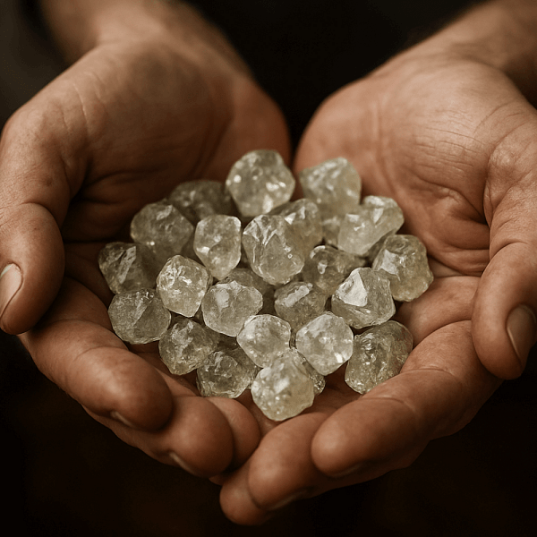 Hands holding a collection of uncut rough diamonds, for an article about ethical and sustainable diamond sourcing.