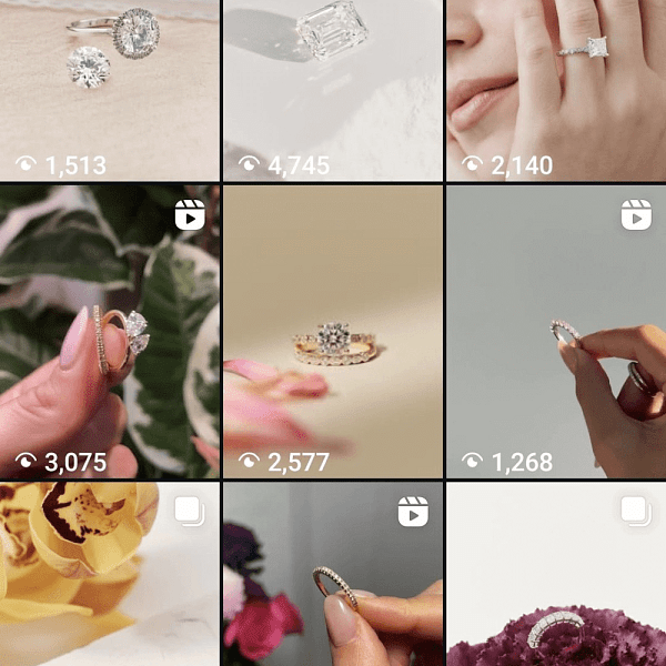 Instagram grid of diamond engagement rings representing a man searching for the perfect ring for his girlfriend. 