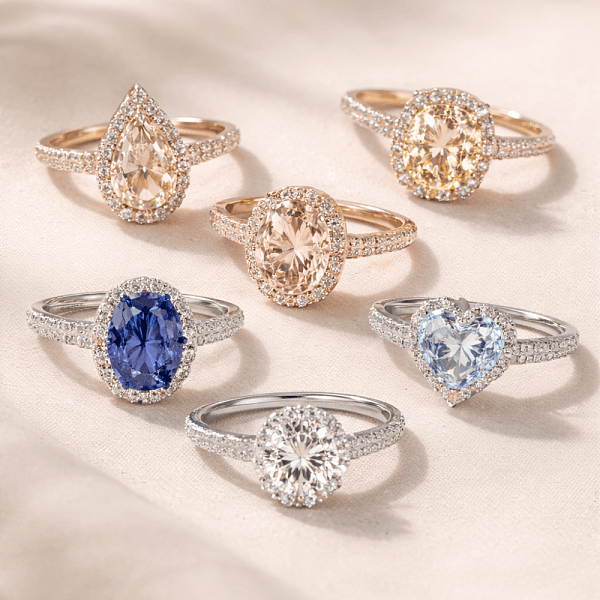 A photo showcasing solitaire rings in a range of gemstone colors and metal finishes.