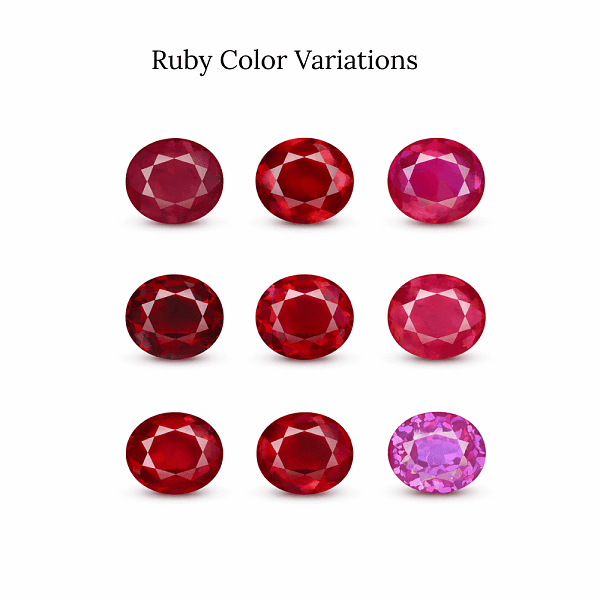 An image illustrating the different ruby color variations.