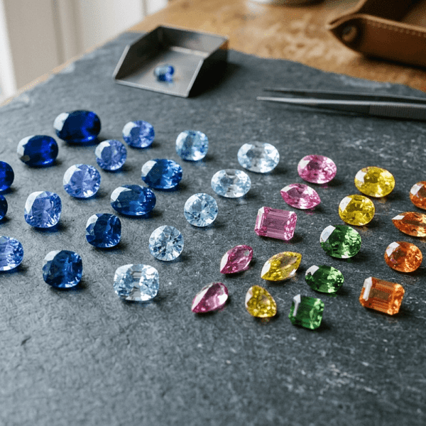 Assorted colorful sapphire gemstones arranged on a dark surface, including blue, pink, yellow, green, and orange stones.