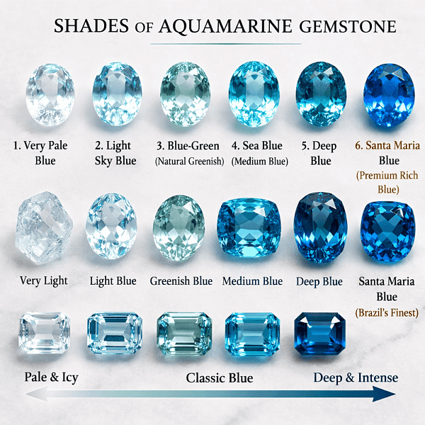 Chart showing shades of aquamarine gems from very pale blue to deep Santa Maria blue with labelled colour variations.