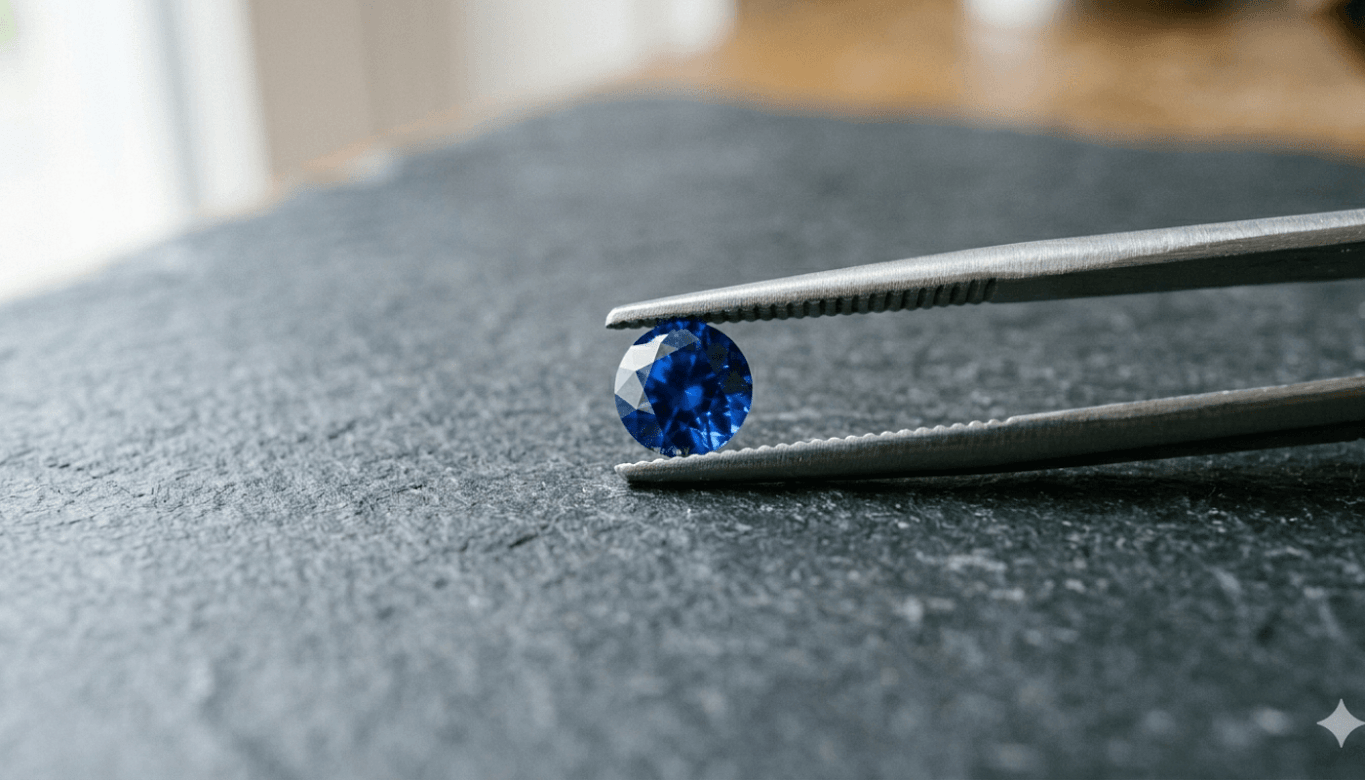 Close-up of a blue sapphire gemstone held with tweezers on a dark surface, highlighting its color and brilliance.